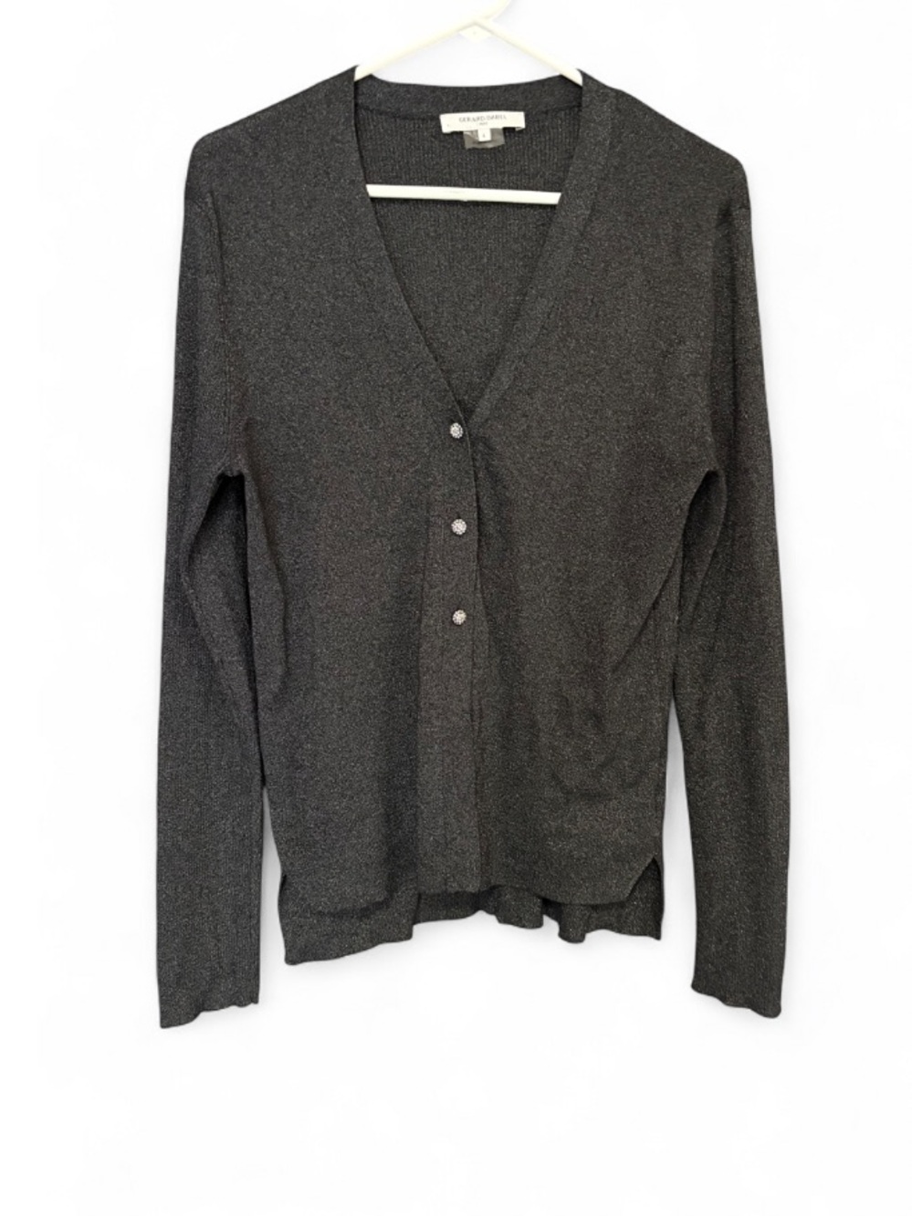 Gerard Deral V-Neck Metallic Knit Rhinestone Buttons Cardigan in Charcoal Gray